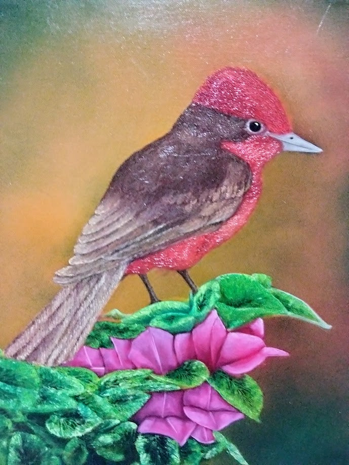 AVE MOCHUELO ROSA LIENZO AL OLEO