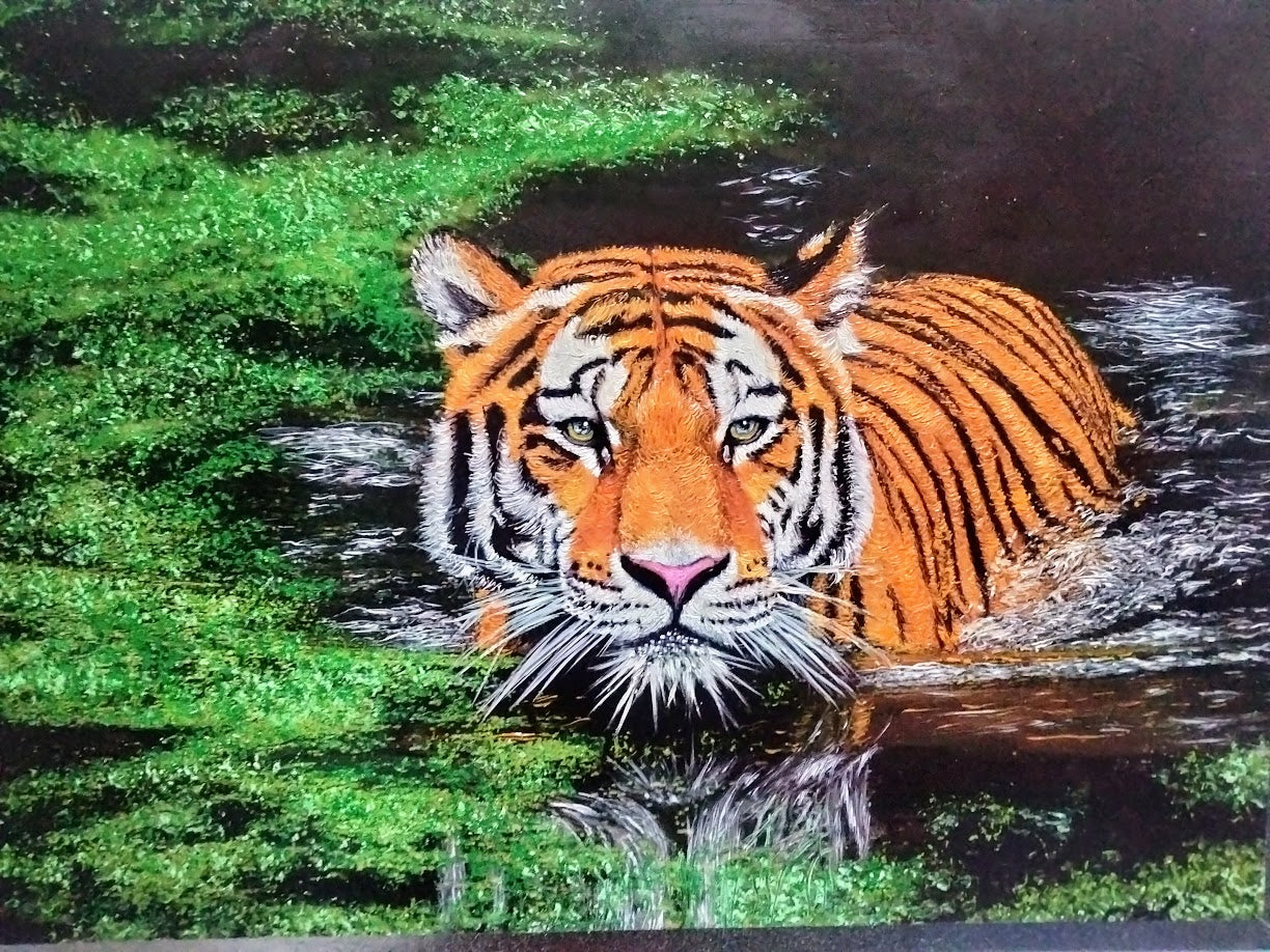 TIGRE EN AMAZONAS CARTULINA AL OLEO