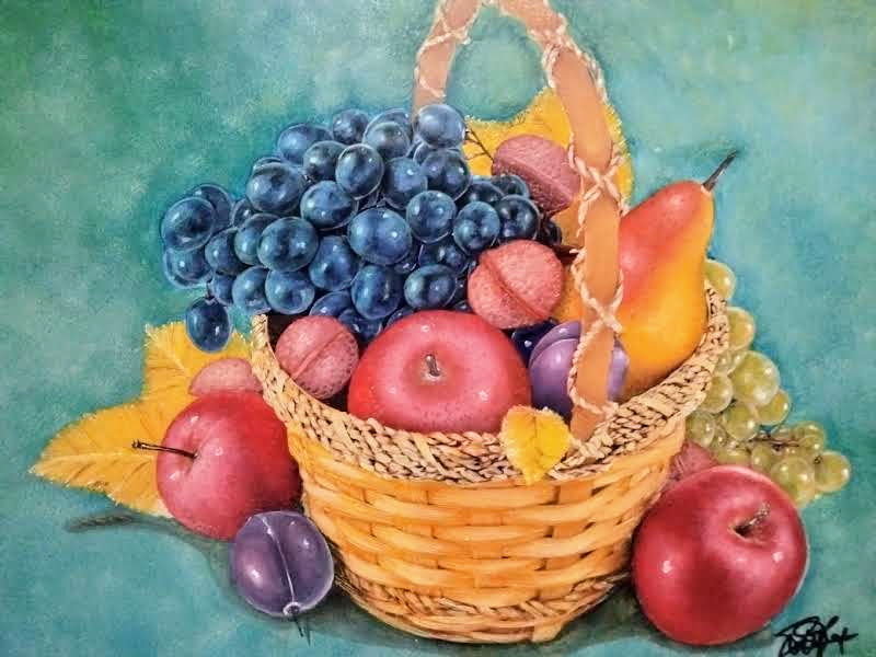 CANASTO CON FRUTAS CARTULINA AL OLEO