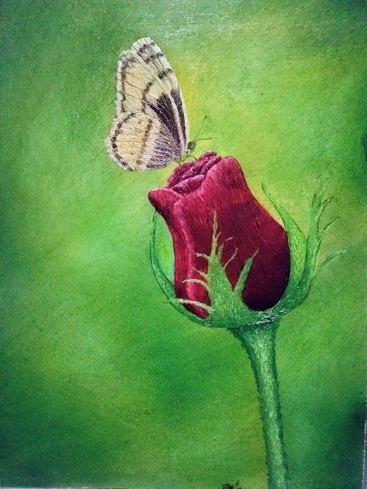 MARIPOSA EN CAPULLO DE ROSA  LIENZO AL OLEO