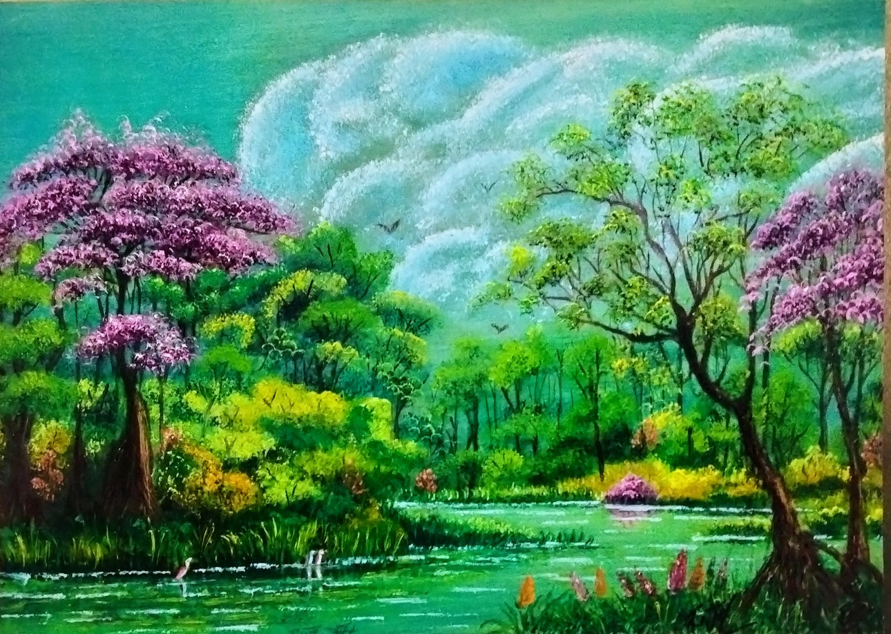 PAISAJE PRIMITIVO CARTULINA AL OLEO