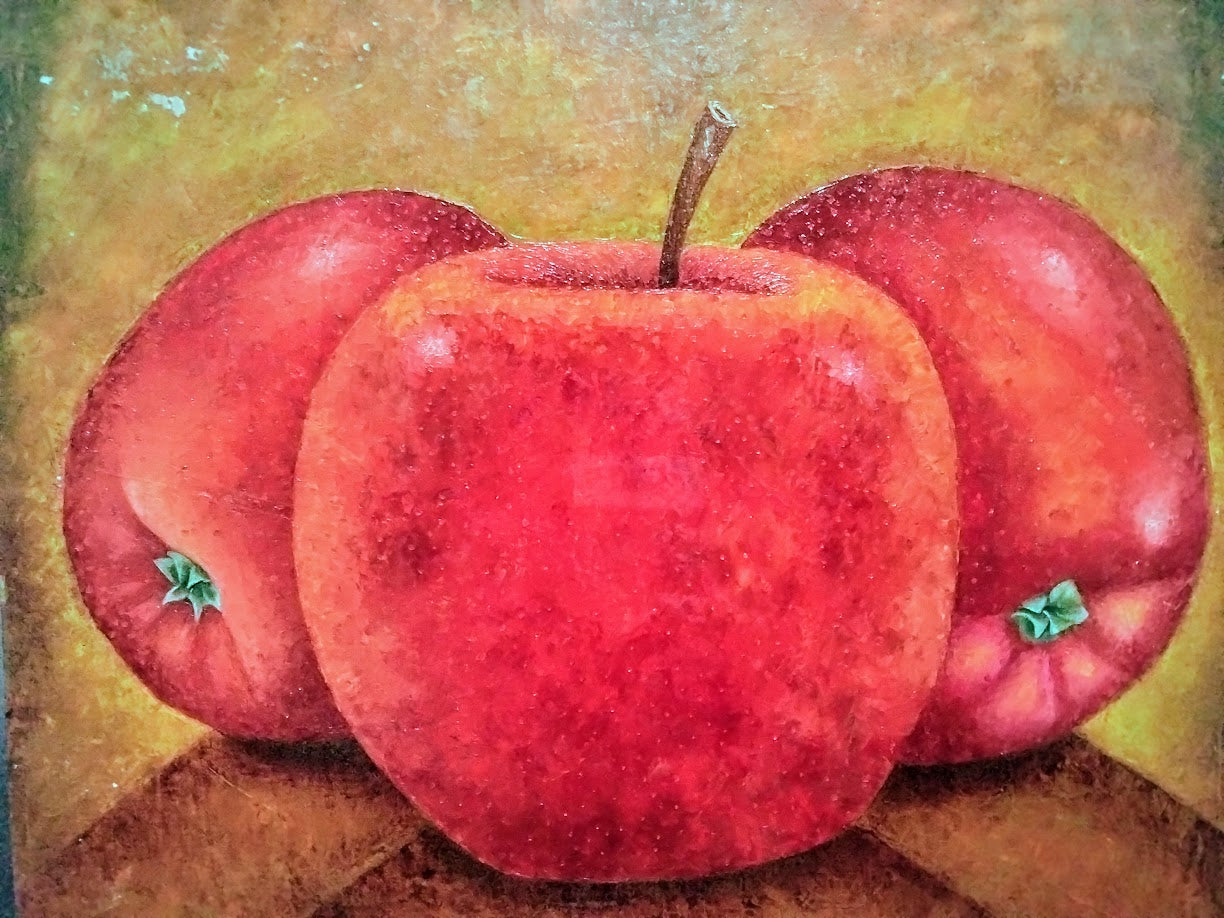 TRES MANZANAS EN CONTRALUZ  LIENZO AL OLEO