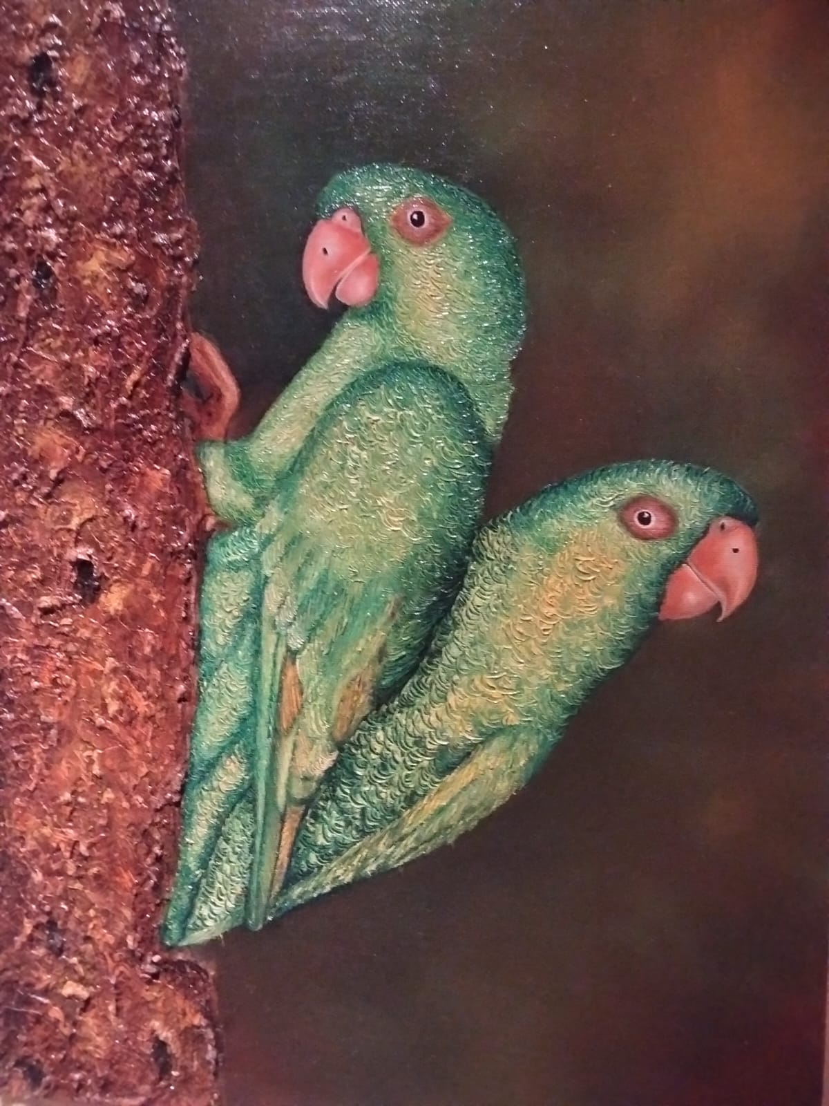 Lienzo al oleo , loros en alto relieve
