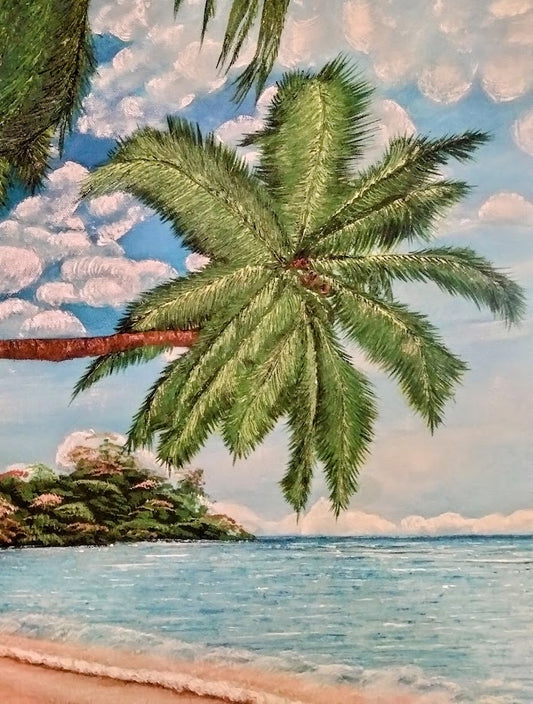 PLAYA CON PALMERA    LIENZO AL OLEO